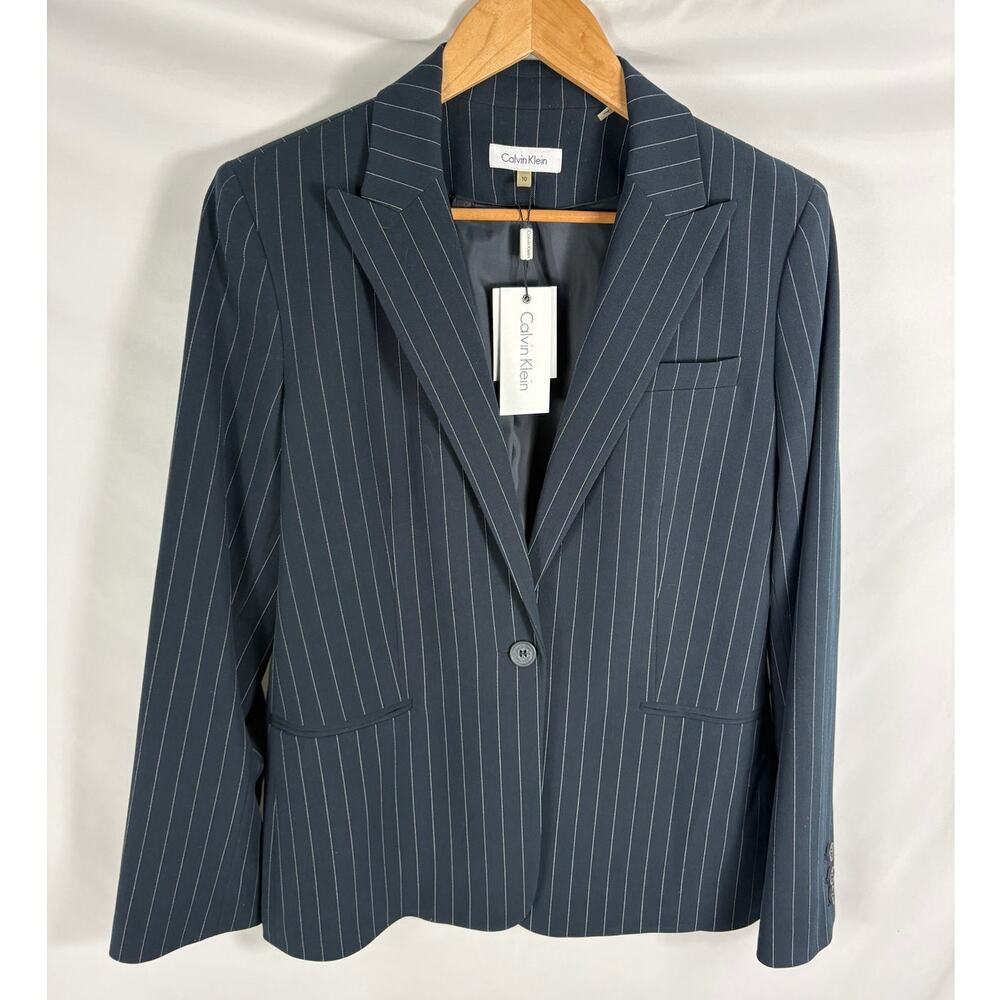 NWT Calvin Klein Blue Pinstripe Button Front Blazer Womans Size 10